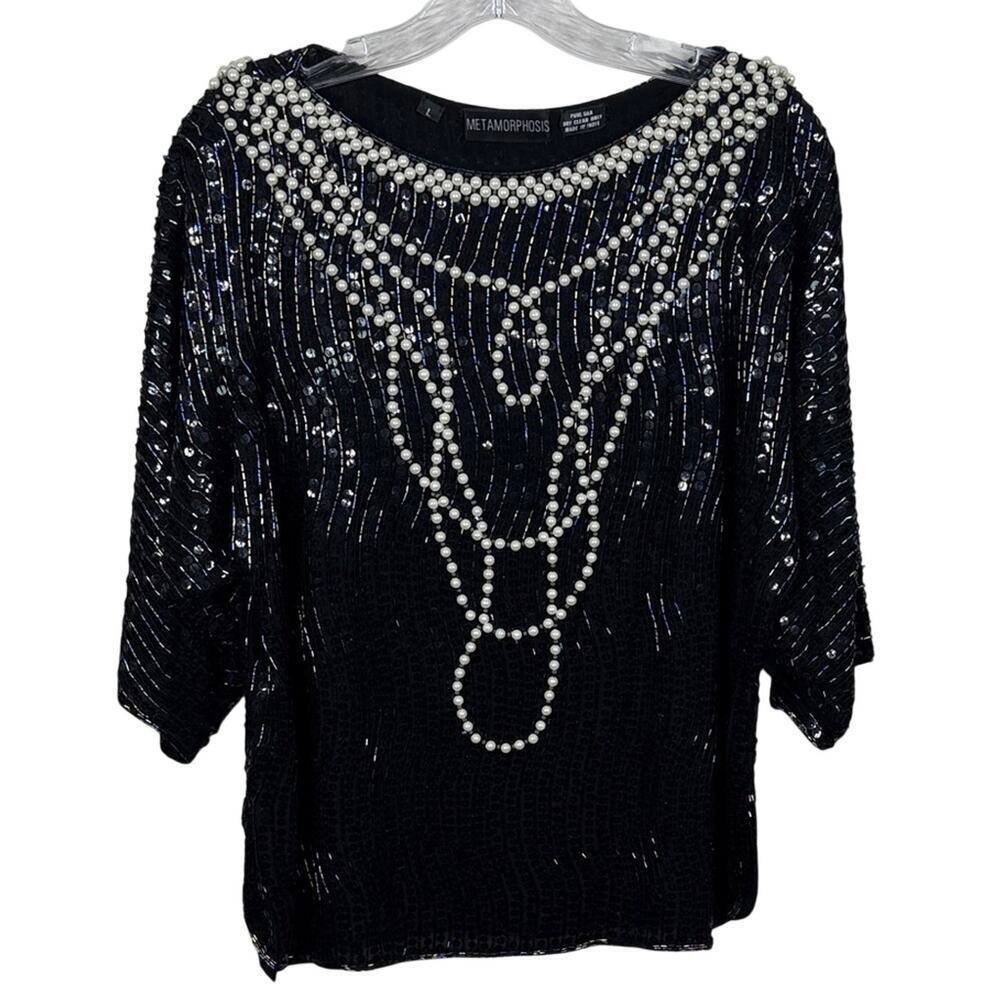 Vintage Metamorphosis Silk Beaded Blouse L Pearl Sequin Gatsby Party Art Deco